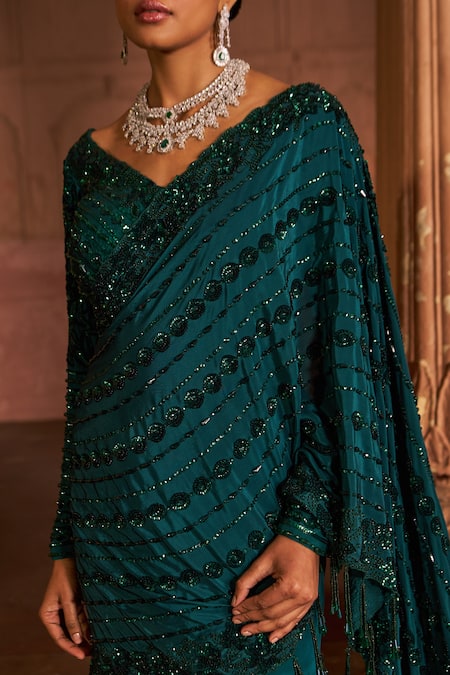 Buy_Nidhika Shekhar_Green Silk, Crepe, Linen Sequins V-neck Vine Embroidered Lehenga Saree Set _Online_at_Aza_Fashions