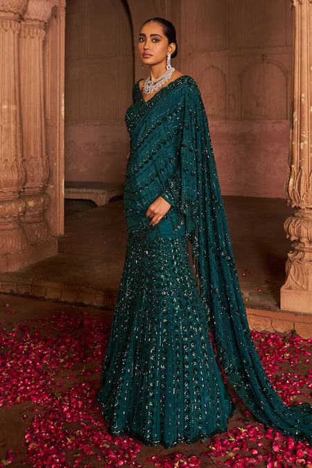 Shop_Nidhika Shekhar_Green Silk, Crepe, Linen Sequins V-neck Vine Embroidered Lehenga Saree Set _Online_at_Aza_Fashions