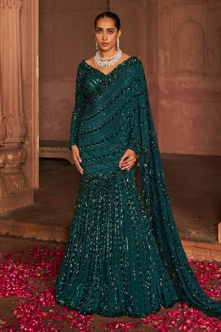 Nidhika Shekhar Sequin Vine Embroidered Lehenga Saree Set 