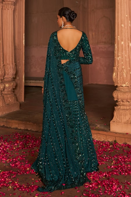 Nidhika Shekhar Sequin Vine Embroidered Lehenga Saree Set 