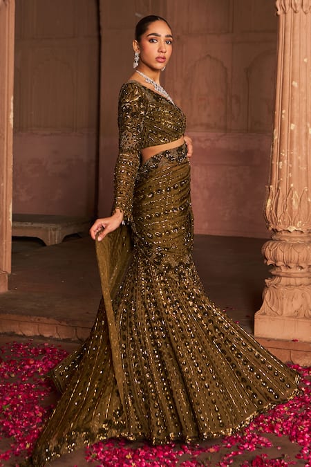Nidhika Shekhar_Brown Organza, Linen Sequins, Embroidery V-neck Vine Lehenga Saree Set _Online_at_Aza_Fashions
