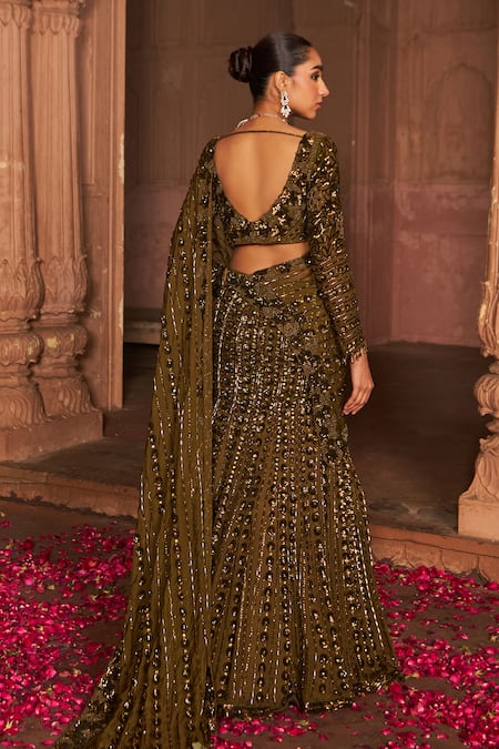 Nidhika Shekhar Sequin Vine Embroidered Lehenga Saree Set 