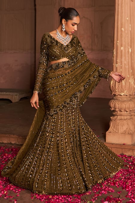 Buy_Nidhika Shekhar_Brown Organza, Linen Sequins, Embroidery V-neck Vine Lehenga Saree Set _Online_at_Aza_Fashions