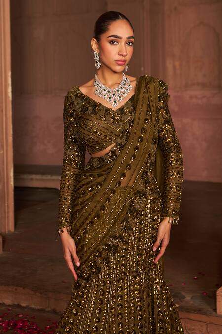 Shop_Nidhika Shekhar_Brown Organza, Linen Sequins, Embroidery V-neck Vine Lehenga Saree Set _Online_at_Aza_Fashions