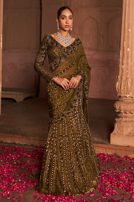 Nidhika Shekhar Sequin Vine Embroidered Lehenga Saree Set 