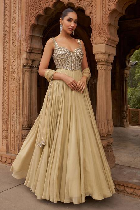 Nidhika Shekhar_Gold Organza, Net Sequins, Crystals Sweetheart Embroidered Corset Gown And Dupatta _Online_at_Aza_Fashions