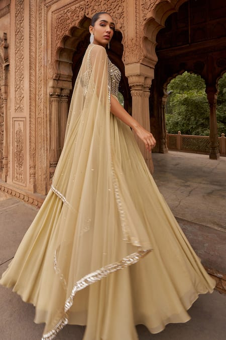 Buy_Nidhika Shekhar_Gold Organza, Net Sequins, Crystals Sweetheart Embroidered Corset Gown And Dupatta _Online_at_Aza_Fashions