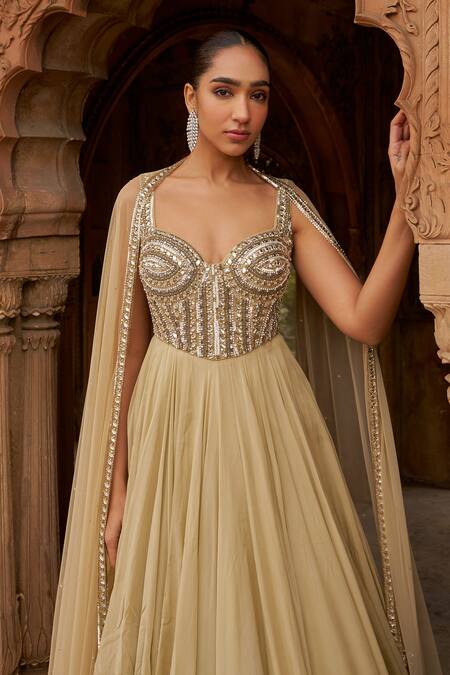 Shop_Nidhika Shekhar_Gold Organza, Net Sequins, Crystals Sweetheart Embroidered Corset Gown And Dupatta _Online_at_Aza_Fashions