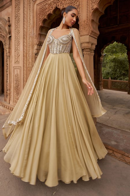 Nidhika Shekhar_Gold Organza, Net Sequins, Crystals Sweetheart Embroidered Corset Gown And Dupatta _at_Aza_Fashions