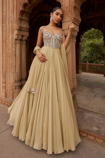 Buy_Nidhika Shekhar_Gold Organza, Net Sequins, Crystals Sweetheart Embroidered Corset Gown And Dupatta 