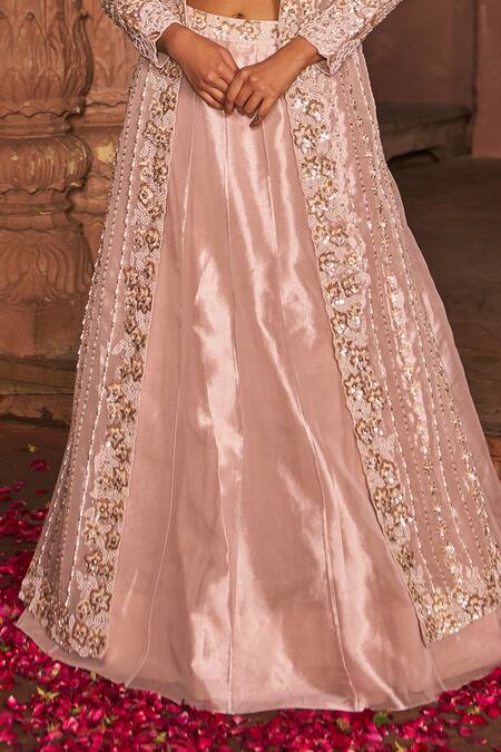Nidhika Shekhar Pink Net, Silk, Tissue Pearls, Sequins Bloom Embroidered Cape And Lehenga Set Online at Aza Fashions Nidhika Shekhar_Pink Net, Silk, Tissue Pearls, Sequins Bloom Embroidered Cape And Lehenga Set _Online_at_Aza_Fashions