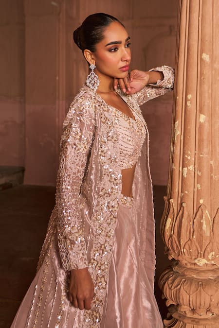 Buy Nidhika Shekhar Pink Net, Silk, Tissue Pearls, Sequins Bloom Embroidered Cape And Lehenga Set Online at Aza Fashions Buy_Nidhika Shekhar_Pink Net, Silk, Tissue Pearls, Sequins Bloom Embroidered Cape And Lehenga Set _Online_at_Aza_Fashions