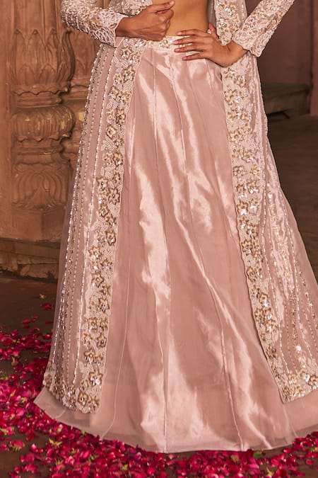 Nidhika Shekhar Pink Net, Silk, Tissue Pearls, Sequins Bloom Embroidered Cape And Lehenga Set at Aza Fashions Nidhika Shekhar_Pink Net, Silk, Tissue Pearls, Sequins Bloom Embroidered Cape And Lehenga Set _at_Aza_Fashions