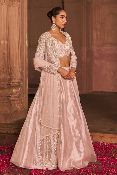 Buy Nidhika Shekhar Pink Net, Silk, Tissue Pearls, Sequins Bloom Embroidered Cape And Lehenga Set Buy_Nidhika Shekhar_Pink Net, Silk, Tissue Pearls, Sequins Bloom Embroidered Cape And Lehenga Set