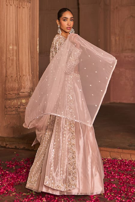 Shop Nidhika Shekhar Pink Net, Silk, Tissue Pearls, Sequins Bloom Embroidered Cape And Lehenga Set Shop_Nidhika Shekhar_Pink Net, Silk, Tissue Pearls, Sequins Bloom Embroidered Cape And Lehenga Set