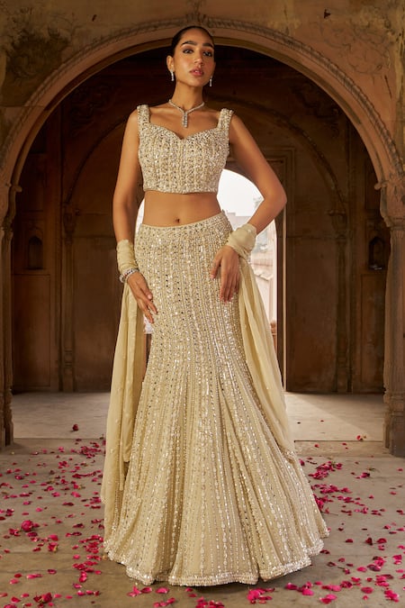 Nidhika Shekhar_Cream Organza, Georgette, Linen Pearls, Sequins And Embroidered Lehenga Set _Online_at_Aza_Fashions