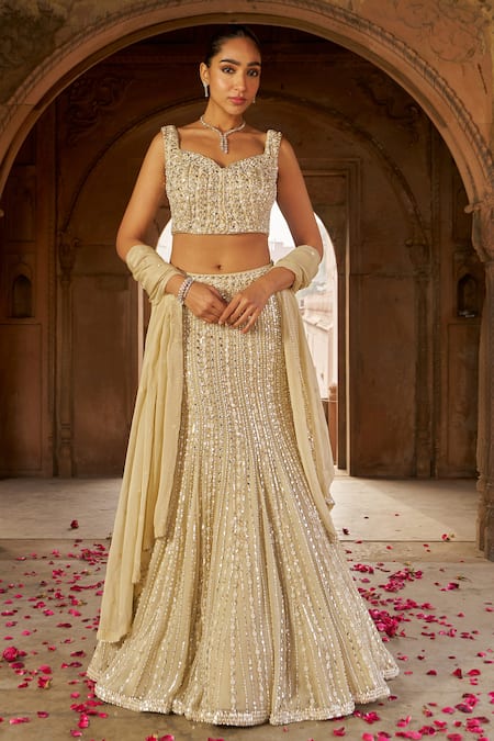 Buy_Nidhika Shekhar_Cream Organza, Georgette, Linen Pearls, Sequins And Embroidered Lehenga Set _Online_at_Aza_Fashions