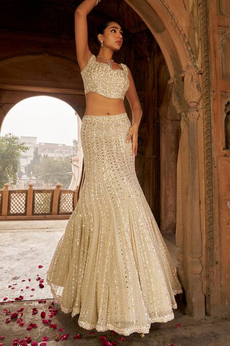 Shop_Nidhika Shekhar_Cream Organza, Georgette, Linen Pearls, Sequins And Embroidered Lehenga Set _Online_at_Aza_Fashions