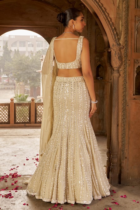 Nidhika Shekhar Cream Sequin & Pearl Embroidered Lehenga Set