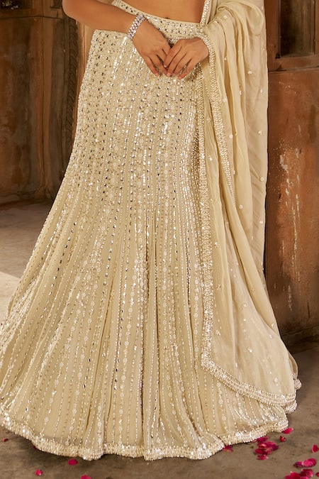 Buy_Nidhika Shekhar_Cream Organza, Georgette, Linen Pearls, Sequins And Embroidered Lehenga Set 