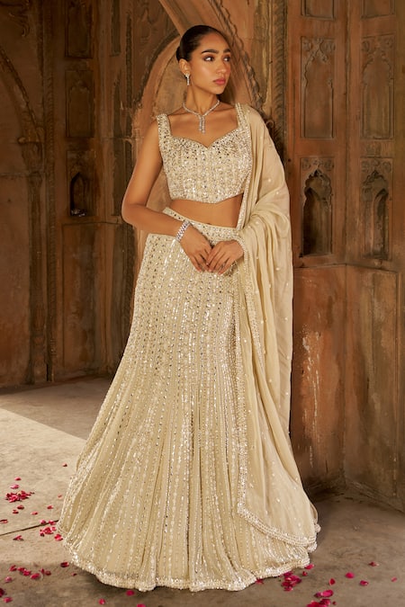 Nidhika Shekhar Cream Sequin & Pearl Embroidered Lehenga Set 