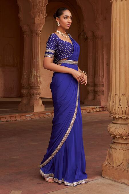 Nidhika Shekhar_Purple Silk, Crepe, Linen Pearls, Sequins Embroidered Pre-draped Saree Set _Online_at_Aza_Fashions