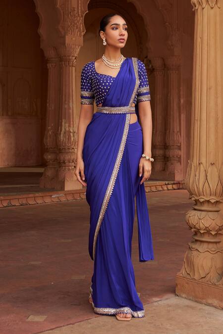 Buy_Nidhika Shekhar_Purple Silk, Crepe, Linen Pearls, Sequins Embroidered Pre-draped Saree Set _Online_at_Aza_Fashions