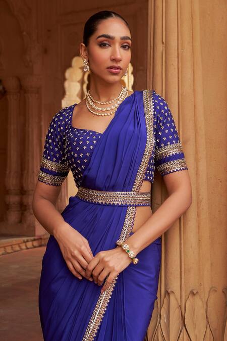 Shop_Nidhika Shekhar_Purple Silk, Crepe, Linen Pearls, Sequins Embroidered Pre-draped Saree Set _Online_at_Aza_Fashions