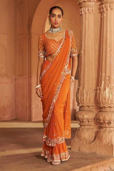 Nidhika Shekhar Embroidered Orange Pre-Draped Saree Set 