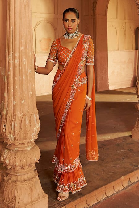 Buy Nidhika Shekhar Orange Georgette, Linen Pearls, Sequins Embroidered Pre-draped Saree Set Online at Aza Fashions Buy_Nidhika Shekhar_Orange Georgette, Linen Pearls, Sequins Embroidered Pre-draped Saree Set _Online_at_Aza_Fashions