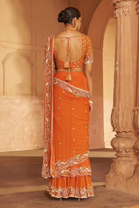 Nidhika Shekhar Embroidered Orange Pre-Draped Saree Set 