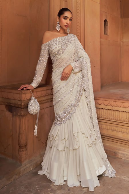 Nidhika Shekhar_Silver Georgette Sequins, Pearls One Shoulder Embroidered Ruffled Lehenga Saree _Online_at_Aza_Fashions