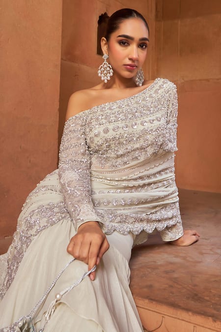 Buy_Nidhika Shekhar_Silver Georgette Sequins, Pearls One Shoulder Embroidered Ruffled Lehenga Saree _Online_at_Aza_Fashions