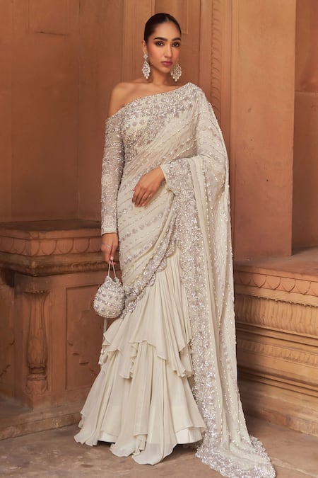 Nidhika Shekhar Silver Sequin Embroidered Ruffled Lehenga Saree 