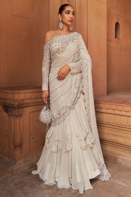 Nidhika Shekhar Silver Sequin Embroidered Ruffled Lehenga Saree