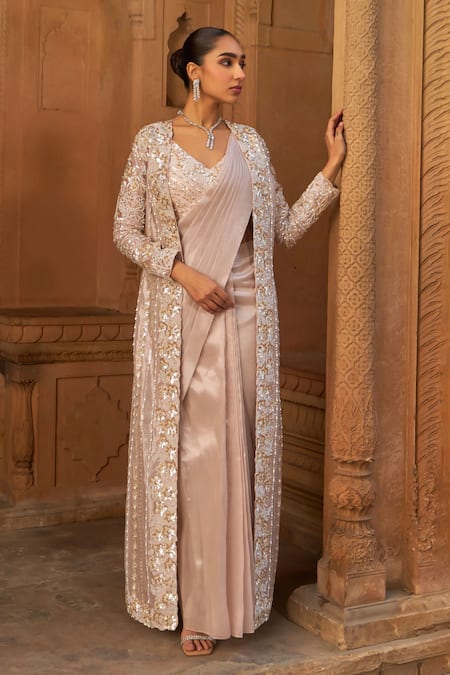 Buy_Nidhika Shekhar_Pink Silk, Tissue Pearls, Sequins V-neck Blush Embroidered Cape And Saree Set _Online_at_Aza_Fashions