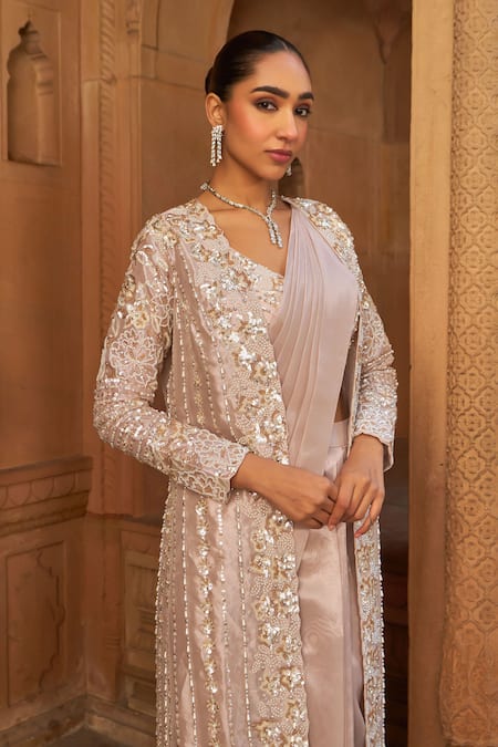 Shop_Nidhika Shekhar_Pink Silk, Tissue Pearls, Sequins V-neck Blush Embroidered Cape And Saree Set _Online_at_Aza_Fashions