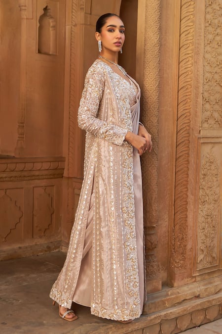 Buy_Nidhika Shekhar_Pink Silk, Tissue Pearls, Sequins V-neck Blush Embroidered Cape And Saree Set 