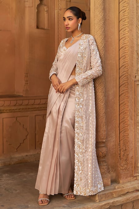 Shop_Nidhika Shekhar_Pink Silk, Tissue Pearls, Sequins V-neck Blush Embroidered Cape And Saree Set 