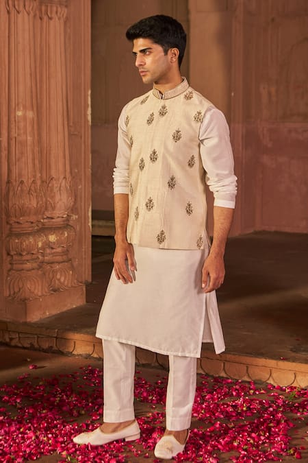 Shop_Nidhika Shekhar_Beige Silk, Chanderi, Linen, Cotton Zari, Zardozi Dabka Bundi Kurta Set _at_Aza_Fashions