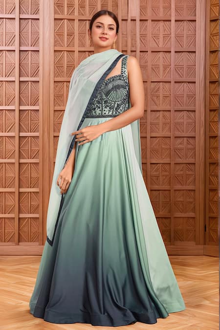 Samyukta Singhania Green Anarkali Satin Embellished Beads V-neck Shaded With Dupatta 