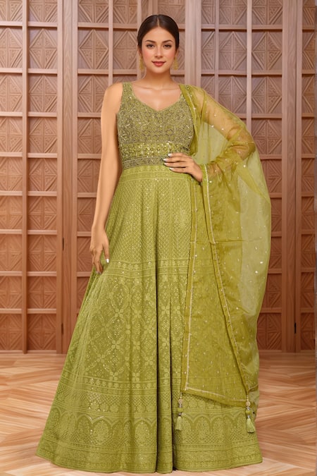 Samyukta Singhania Green Georgette Embroidery Sequin Leaf Neck Mughal Bloom Gown With Dupatta 