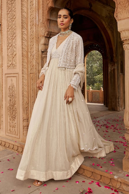 Nidhika Shekhar_Ivory Organza, Net, Georgette Sequins V-neck Embroidered Anarkali And Cape Set _Online_at_Aza_Fashions