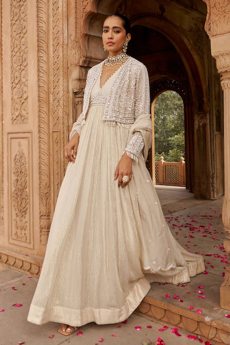 Buy_Nidhika Shekhar_Ivory Organza, Net, Georgette Sequins V-neck Embroidered Anarkali And Cape Set _Online_at_Aza_Fashions