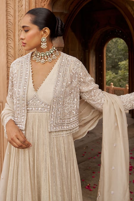 Shop_Nidhika Shekhar_Ivory Organza, Net, Georgette Sequins V-neck Embroidered Anarkali And Cape Set _Online_at_Aza_Fashions