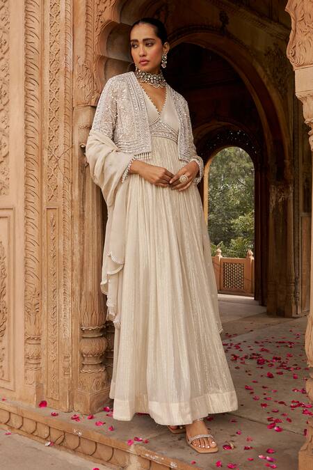 Buy_Nidhika Shekhar_Ivory Organza, Net, Georgette Sequins V-neck Embroidered Anarkali And Cape Set 