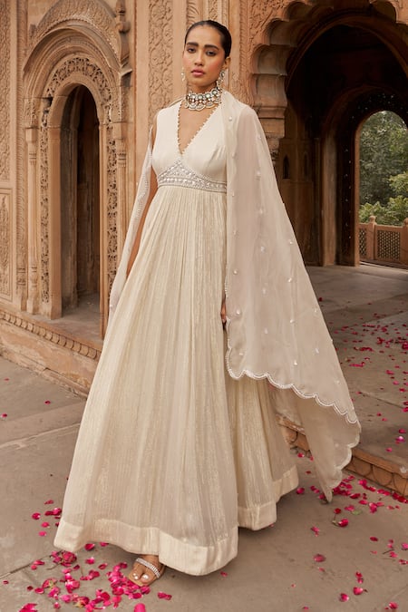 Shop_Nidhika Shekhar_Ivory Organza, Net, Georgette Sequins V-neck Embroidered Anarkali And Cape Set 