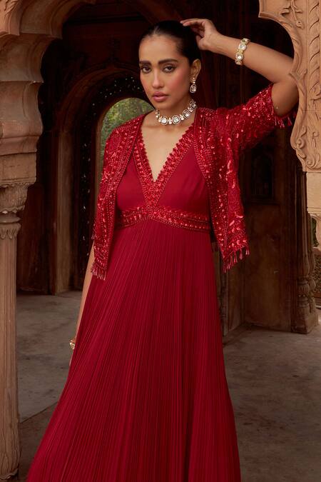 Nidhika Shekhar Red Organza, Net, Georgette Sequins V-neck Embroidered Cape And Anarkali Set Online at Aza Fashions Nidhika Shekhar_Red Organza, Net, Georgette Sequins V-neck Embroidered Cape And Anarkali Set _Online_at_Aza_Fashions
