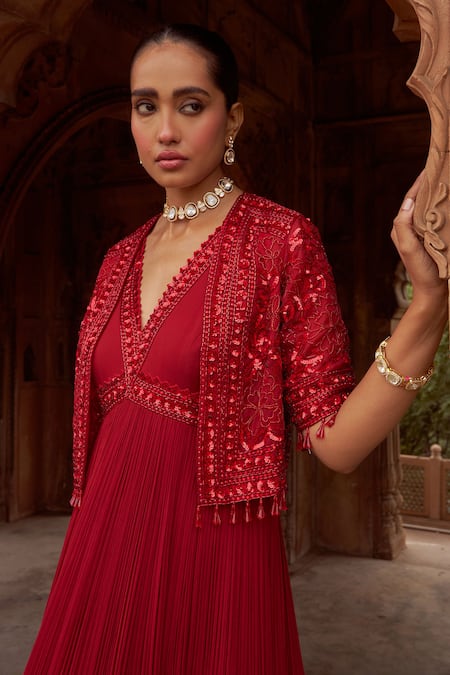 Shop Nidhika Shekhar Red Organza, Net, Georgette Sequins V-neck Embroidered Cape And Anarkali Set Online at Aza Fashions Shop_Nidhika Shekhar_Red Organza, Net, Georgette Sequins V-neck Embroidered Cape And Anarkali Set _Online_at_Aza_Fashions