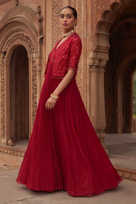 Nidhika Shekhar Red Organza, Net, Georgette Sequins V-neck Embroidered Cape And Anarkali Set at Aza Fashions Nidhika Shekhar_Red Organza, Net, Georgette Sequins V-neck Embroidered Cape And Anarkali Set _at_Aza_Fashions